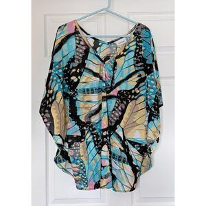 Avenue Women’s 18/20 2X Plus Size Butterfly Print Dolman Sleeve V-Neck Blouse